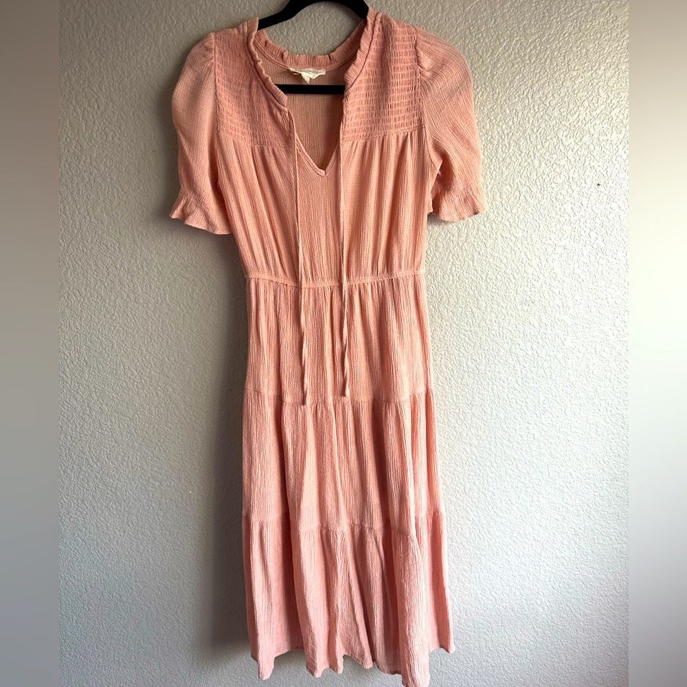 Anthropologie Sweet Wanderer Blush Pink Smocked Bodice Tiered Midi Dress Size S